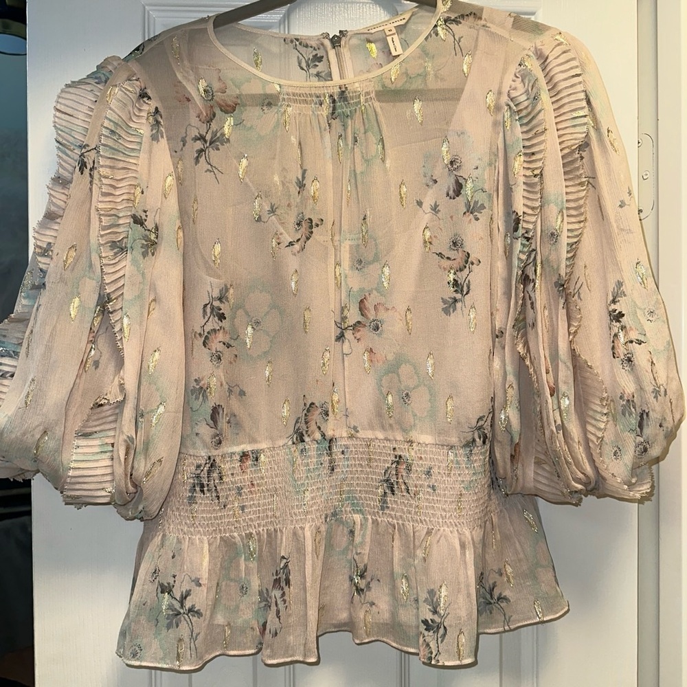 Rebecca Taylor Blush Pink Metallic Floral Sheer Blouse